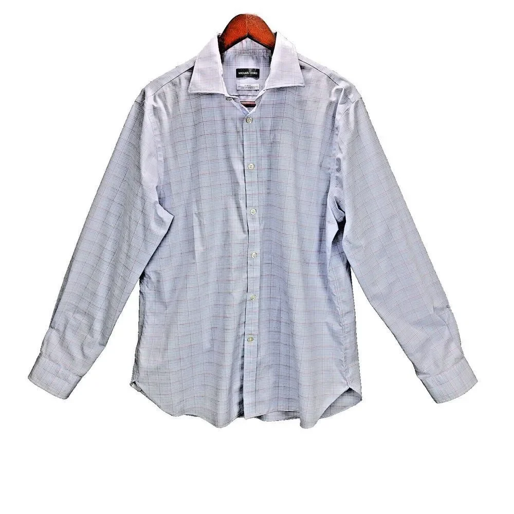 Michael Kors Shirt Mens 17 34 35  XL Blue Plaid Slim Fit Air Soft Button Front